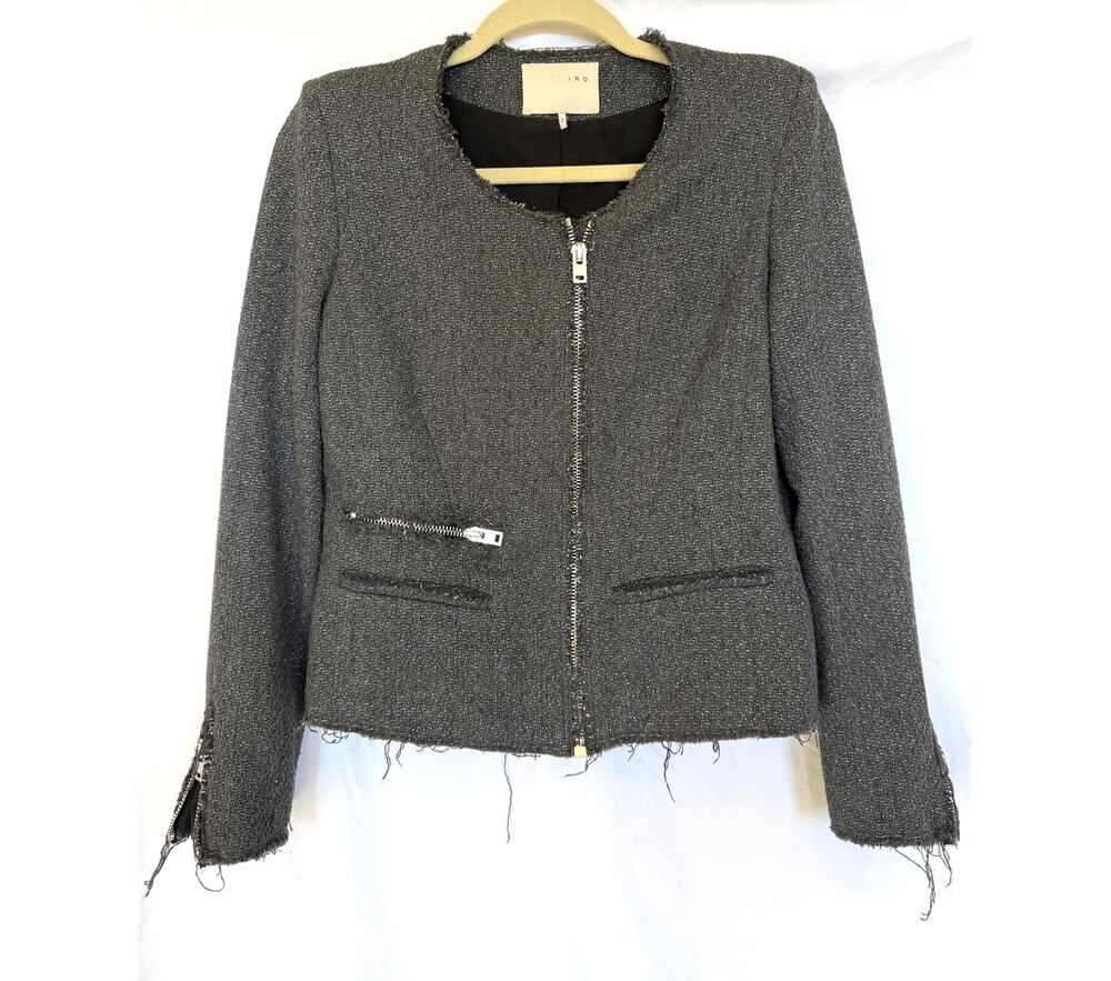 IRO Julienne Grey Silver Raw Hem Tweed Zip Jacket, Old Money, Size 2, Small
